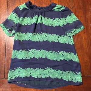 Navy Blue Floral Striped Sheer Ruffle Neck Short Sleeve Women's Top‎